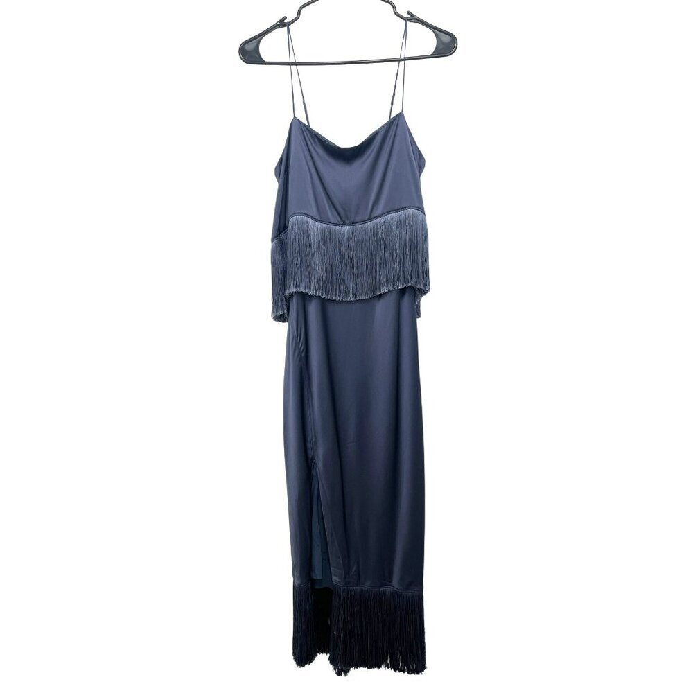 Cinq a Sept $595 Fringed Silk Midi Dress Size 6 Shadow Blue NWT - Picture 3 of 8